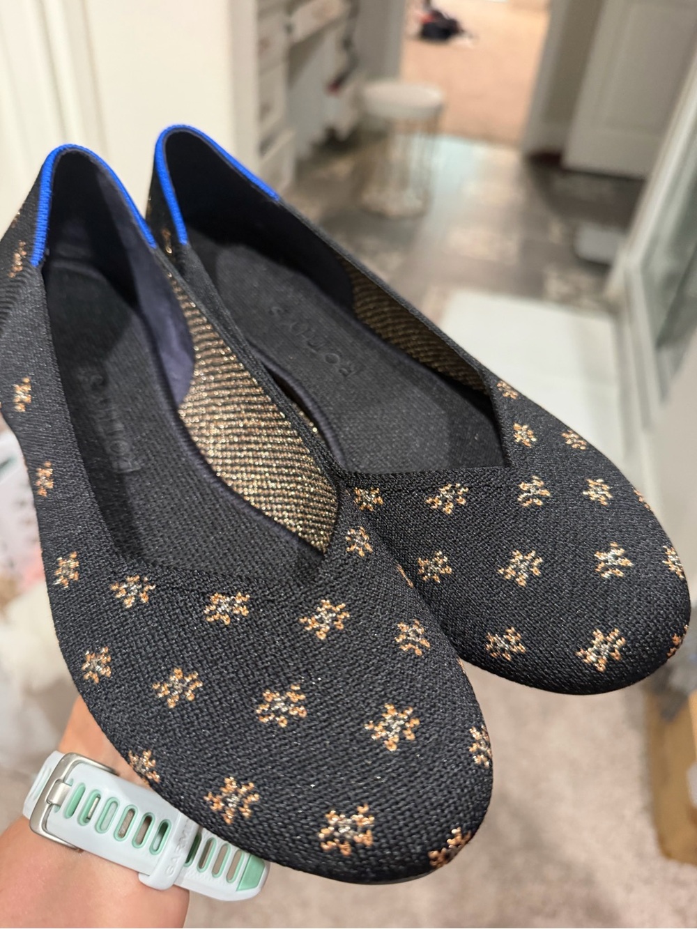 Black Knit Ballet Flats with Gold Floral Accents